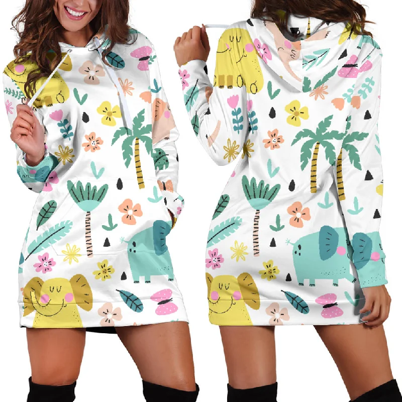Shop and Save Cute Elephants Palm Tree Flower Butterfly Pattern Women'S Hoodie Dress