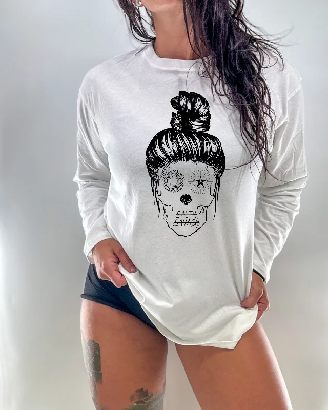 Unmissable Offer Salty Savage Ladies “Messy Bun Skull” Oversized Long Sleeve Boyfriend Tee