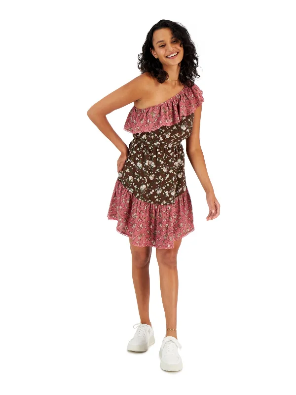 Can't Miss BAR III DRESSES Womens Textured Floral Flutter Sleeve Asymmetrical Neckline Above The Knee Fit + Flare Dress