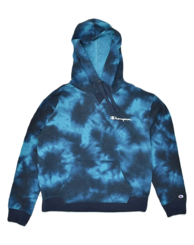 Discount Deals CHAMPION Womens Hoodie Jumper UK 14 Medium Blue Tie Dye Cotton