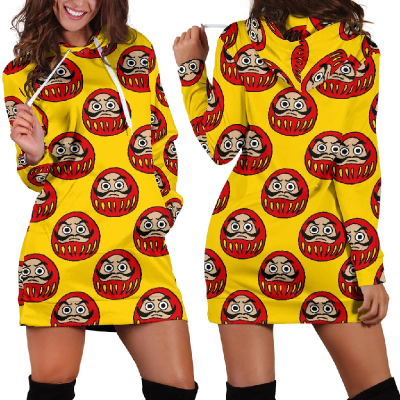 Can't Be Beat Daruma Japanese Wooden Doll Yellow Background Women'S Hoodie Dress