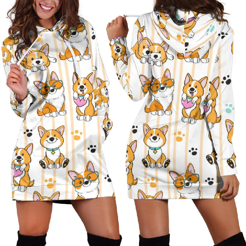 Fantastic Deals Cute Dog Corgi Striped Background Pattern Women'S Hoodie Dress